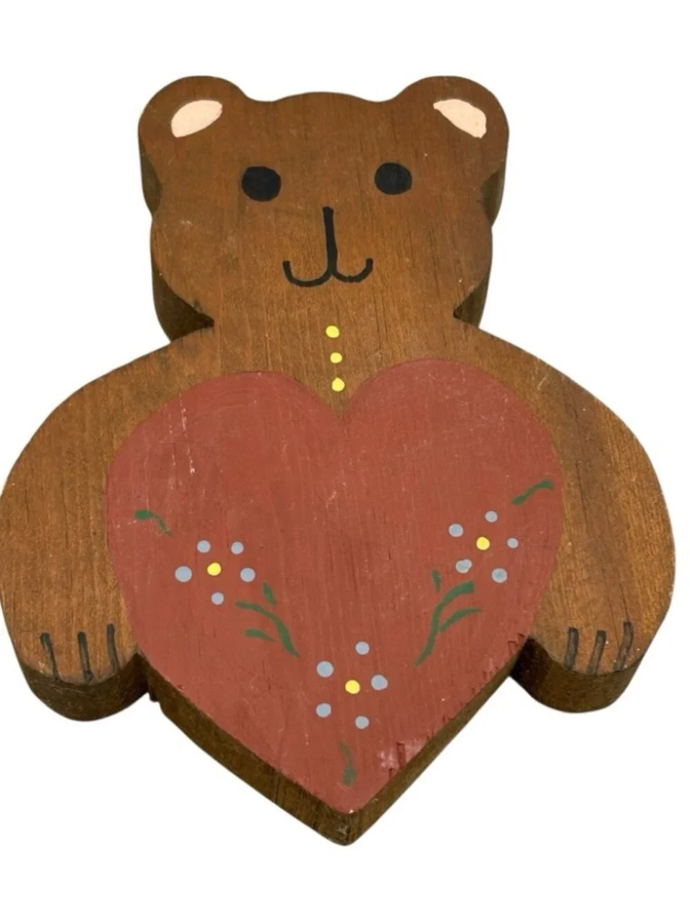 Vintage Wooden Teddy Bear Heart Wall Hanging Folk Art